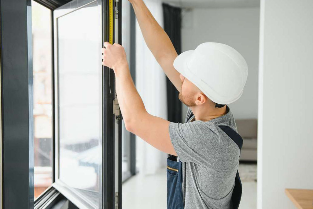 handsome young man installing bay window in new house construction site